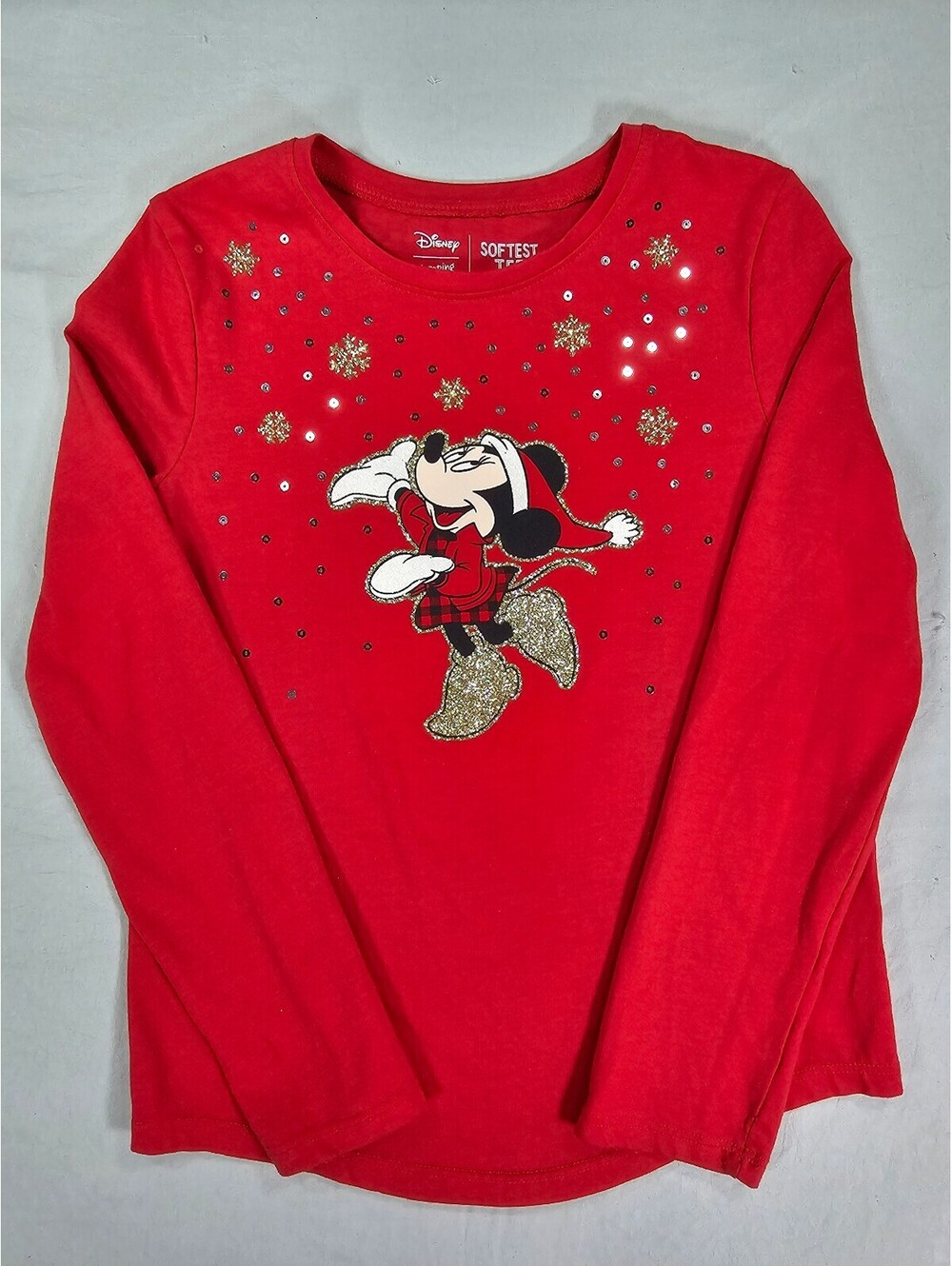 Disney Minnie Mouse Girls Size 7 Christmas Shirt Red Sequin Glitter Snowflake